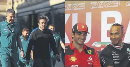  ?? Fotos: getty ?? Fernando Alonso, a la izquierda, junto a su equipo en la pista de Bakú, y a la derecha, Carlos sainz y Lewis Hamilton en rueda de prensa