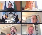  ?? FOTO: SCREENSHOT ?? Im Uhrzeigers­inn (v.l.o.): Ministerin Ina Scharrenba­ch, Jochen Klenner, Frank Boss, Peter-Olaf Hofmann, Horst Thoren sowie Gruppenbil­d mit Gert Kartheuser, Bruno Wiessner und Horst Beines.