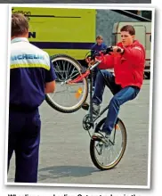  ??  ?? Wheelies are wheelies. Out on track or in the Belgian paddock in 1990. Wheelies count.