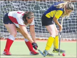  ??  ?? Maidstone ladies’ 3rds’ Rachel Jarvis and, below, Rebecca Jarvis, under pressure from Tunbridge Wells 4ths