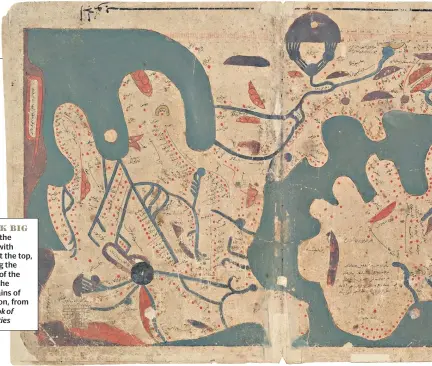  ??  ?? THINK BIGMap of the world, with south at the top, showing the source of the Nile in the Mountains of the Moon, from the Book of Curiositie­s