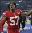  ?? ROGER STEINMAN — THE ASSOCIATED PRESS ?? San Francisco 49ers linebacker Dre Greenlaw celebrates after the 49ers defeated the Dallas Cowboys in an NFC wild-card playoff game on Sunday.