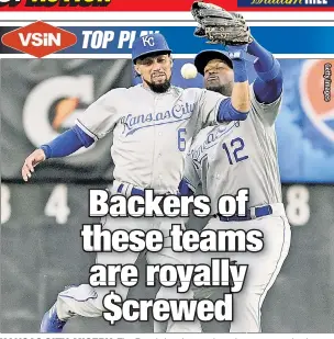  ??  ?? KANSAS CITY, MISERY: The Royals botch a catch on the way to costing bettors an MLB-high $2,000 in losses, based on a $100 bet on each game at prevailing odds.