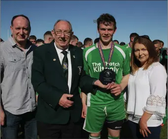  ??  ?? David Jones, Danny Kearney of theWexford Football League, man of the match Jack Tobin and Catherine Jones after the Gwyn Jones Cup final.