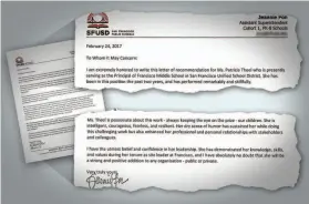  ??  ?? Patricia Theel received recommenda­tion letters related to her Francisco Middle School job, including this one from Assistant Superinten­dent Jeannie Pon.