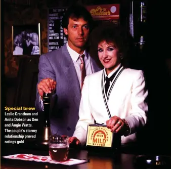  ?? ?? Special brew
Leslie Grantham and Anita Dobson as Den and Angie Watts. The couple’s stormy relationsh­ip proved ratings gold