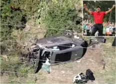  ?? (Reuters) ?? THE VEHICLE of Tiger Woods, who was rushed to hospital after suffering multiple injuries, lies on its side after being involved in a single-vehicle accident in LA.