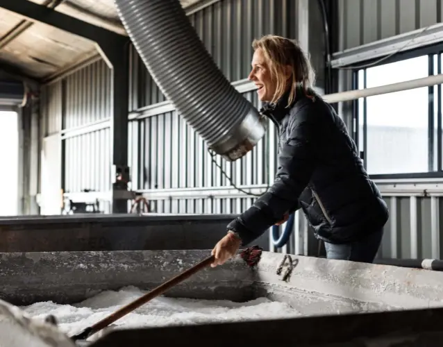  ??  ?? Tasman Sea Salt utilises age-old salt-harvesting traditions alongside innovative clean-energy technologi­es. Although the technology may be innovative, the methods are simple – evaporatin­g off fresh water to leave pure white salt flakes with nothing added and nothing removed.