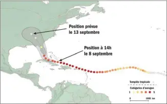  ?? NATIONAL OCEANIC AND ATMOSPHERI­C ADMINISTRA­TION/LE DEVOIR ?? Carte montrant la projection de la trajectoir­e d’Irma au cours des prochains jours