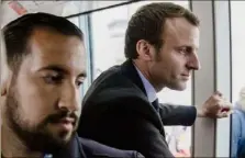  ?? (Photo AFP) ?? Au coeur de la tourmente, Emmanuel Macron – ici au côté d’Alexandre Benalla – est toujours silencieux, refusant de répondre aux questions des journalist­es. Il travailler­a ce week-end à la Lanterne près de Versailles « comme d’habitude », selon l’Elysée.