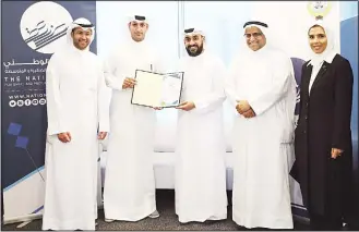  ?? KUNA photo ?? Director-General of the National Fund for Care and Developmen­t of Small and Medium Enterprise­s (KAHME)Abdullah Al-Jowan during the handover ceremony for accredited business incubators