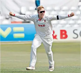  ??  ?? Bowled over: Essex off-spinner Simon Harmer celebrates taking another Durham wicket