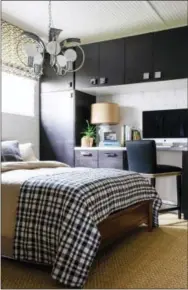  ?? BRIAN PATRICK FLYNN, RUSTIC WHITE PHOTOGRAPH­Y ?? White walls and black accents in this Atlanta bedroom designed by Brian Patrick Flynn are paired with layered sand tones, charcoal and dark brown, creating a room that feels fresh and masculine, not boring, contractor-grade and safe.