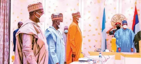  ??  ?? President Muhammadu Buhari ( left); Secretary to the Government of the Federation ( SGF), Boss Mustapha; Minister of Power, Abubakar Aliyu; and Minister of Water Resources, Suleiman Adamu, during a Virtual Federal Executive Council Meeting at the Presidenti­al Villa, in Abuja… yesterday.