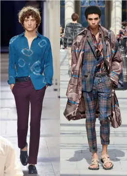  ??  ?? Issey Miyake Men (à gauche), Hermès (au centre) ou Louis Vuitton (à droite), trois collection­s aux styles inspirés d’ailleurs dont le seul point commun est l’extrême finesse de leurs étoffes.