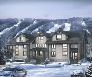  ?? OF CONDOS PRESTIGE NYMARK ARTIST’S RENDERINGS COURTESY ?? Constructi­on is scheduled to begin next spring on Prestige Condos at Le Domaine Nymark in St-Sauveur, seen here in artist’s renderings that show individual structures, each housing six units, as they would appear from the front, in winter (above), and...