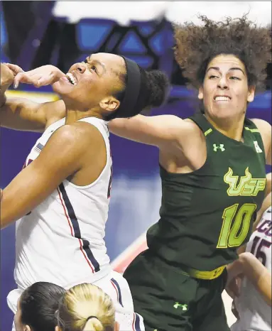  ?? Jessica Hill / Associated Press ?? Azura Stevens, left, has enjoyed the intense competitio­n that playing for the UConn program has provided her.