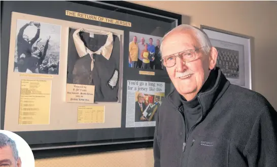  ?? Photos / Mark Mitchell ?? Neven MacEwan with his prized jersey, from the 1960 All Blacks tour of South Africa, at his Palmerston North home; son Angus (inset) managed to recover some of his father’s rugby memorabili­a from as far away as Wales.