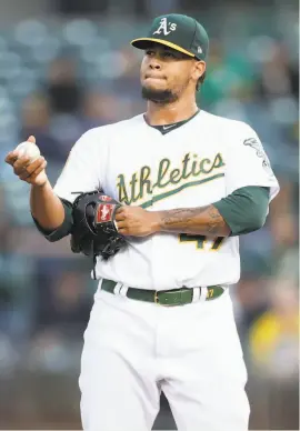  ?? Scott Strazzante / The Chronicle ?? Frankie Montas is banned until September. He can return for the final six games of the season but can’t pitch in the playoffs should the A’s qualify.