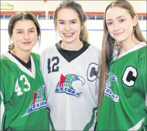  ?? SUBMITTED PHOTO ?? The P.E.I. Wave will compete in the Under-16 Division of the Atlantic ringette championsh­ips in Summerside this weekend. The team’s three captains are, from left: Autumn Chandler, Carley Matheson and Jessica Murphy.