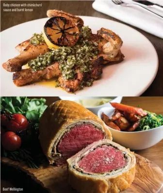  ??  ?? Baby chicken with chimichurr­i sauce and burnt lemonBeef Wellington