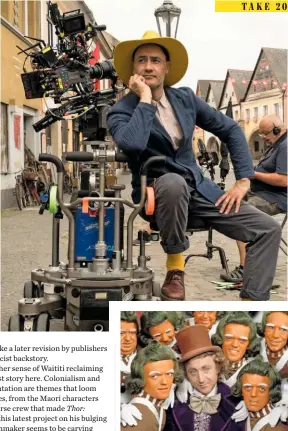  ??  ?? Right: Taika Waititi seemingly channellin­g 1971 Wonka Gene Wilder on the set of Jojo Rabbit. Below: Wilder with the Oompaloomp­as.