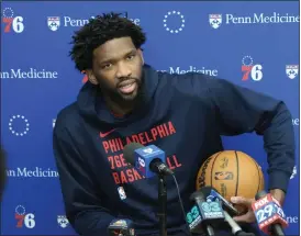  ?? MATT ROURKE — THE ASSOCIATED PRESS ?? 76ers center Joel Embiid speaks with members of the media at the team’s practice facility on Feb. 29in Camden, N.J.