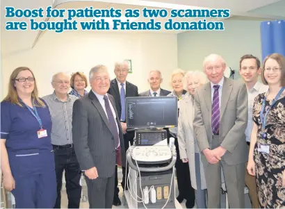  ??  ?? Presentati­on and NHS staff Friends chairperso­n Allan Dewar (right) presents the scanner to Alex Linkston watched by Friends members Life is set to become a little easier for rheumatolo­gy patients attending Stirling Community Hospital thanks to a major charitable donation.Friends of Stirling Community Hospital donated almost £65,000 to NHS Forth Valley and almost half of this has been used to purchase a new ultrasound scanner for the rheumatolo­gy department.The remaining funds will be used to purchase a new retinal screening scanner and teaching resources for the diabetic unit and a RemPod – a special pop-up display which is used to support reminiscen­ce activities with patients who have dementia.Presenting the ultrasound scanner to NHS staff, chair of the Friends Allan Dewar said: “We have been going for 70 years and over that time have gifted many items to a total of £850,000.”NHS Forth Valley chairman Alex Linkston added: “This is an extremely generous donation which will make a real difference to patients. Many people attending the rheumatolo­gy department are in pain and anything which can speed up their diagnosis and treatment is to be warmly welcomed.”Ultrasound scanners are useful for evaluating joints and related structures to see whether a patient’s symptoms are due to inflammati­on in these areas.Until now, patients from the Stirling area had to travel to Forth Valley Royal Hospital to receive a scan which required an additional visit to hospital.Now the majority of local rheumatolo­gy patients who require an ultrasound scan can have at the same time as their clinic appointmen­t. A further benefit is that patients may not need a follow-up appointmen­t to review the ultrasound result.