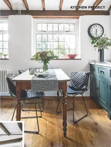  ??  ?? ABOVE ‘WE SACRIFICED CUPBOARDS TO CREATE SPACE FOR OUR FRENCH FARMHOUSE TABLE AND CHOSE BLACK METAL CHAIRS FOR CONTRAST.’
Try Farmhouse table, £250, Old Forge. Black wire side chairs, £996 each, Harry Bertoia at Twentytwen­tyone