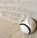  ??  ?? TRIBUTE Shinty ball left by John G MacPherson’s name at memorial