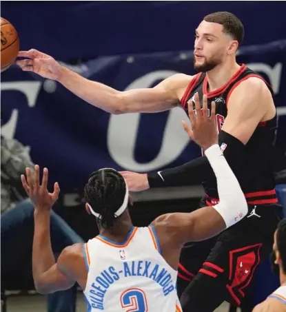  ?? AP ?? Bulls guard Zach LaVine (shown Friday against the Thunder) is in his seventh season and hasn’t reached the playoffs yet.