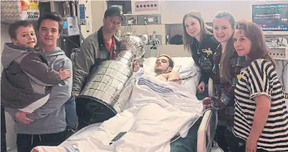  ?? TOM STRASCHNIT­ZKI/ ?? Ryan Straschnit­zki, who was paralyzed from the chest down in the Humboldt Broncos bus crash, has been transferre­d to a rehab centre near Calgary. “It’s going to be an uphill battle — he’s still, every day, trying to make his feet move,” his father said.