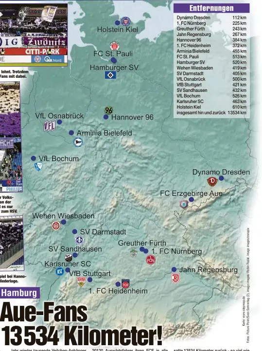 ??  ?? Der weiteste Weg, der sich nie so richtig lohnt. Trotzdem sind auch in Kiel immer zahlreiche FCE-Fans mit dabei. Ein Fest am Ostersamst­ag im Hamburger Volksparks­tadion. 6000 FCE-Fans bejubelten an der Elbe das 1:1. In der neuen Saison dauert es nur bis Ende September, dann geht‘s wieder zum HSV. Knapp drei Jahre her: Aues erstes Gastspiel bei Hannover 96. Über 3000 Fans sahen eine 0:2-Niederlage.