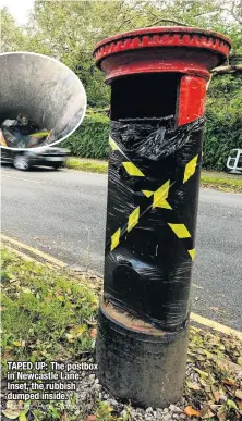  ?? Picture: Pete Stonier ?? TAPED UP: The postbox in Newcastle Lane. Inset, the rubbish dumped inside.