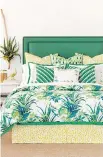  ?? EASTERN ACCENTS ?? Bold greens make a statement in the Tropical Dreams Bedset by Celerie Kemble for Eastern Accents.