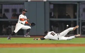  ?? Carlos Avila Gonzalez / The Chronicle ?? Right fielder Andrew McCutchen (left) can be a free agent this winter. But the Giants appear hesitant to trade him and potentiall­y signal they have given up on the playoffs this year.