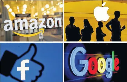  ?? REUTERS ?? The logos of Amazon, Apple, Facebook and Google are seen in a combinatio­n photo from Reuters files.