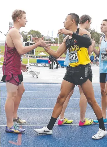  ?? Picture: GETTY IMAGES ?? Despite his clear superiorit­y on the track, star teenager Sasha Zhoya (yellow top) still took time to congratula­te all other competitor­s in his events at the national championsh­ips.