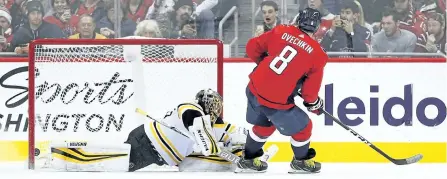  ?? GETTY IMAGES ?? Washington’s Alex Ovechkin scores on Boston goalie Anton Khudobin last week.