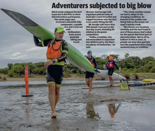  ?? Picture: MIDKHAT IZMAYLOV ?? TOUGH CONDITIONS: Competitor­s cross the Anglesea River yesterday during the Adventuret­hon event.