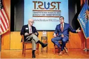  ??  ?? Former Gov. Frank Keating, left, and gubernator­ial candidate Kevin Stitt speak at the Oklahoma History Center on Thursday.