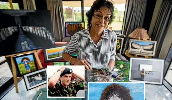  ??  ?? Tima Simms expresses grief through art after her son Private Meredith Simms was killed when a unimog plunged off a 100-metre pass, near Blenheim, in 2006.