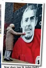  ??  ?? Star duo: Ian St John (left) and Jimmy Greaves with Spitting Image puppets. Above: Tribute at Anfield