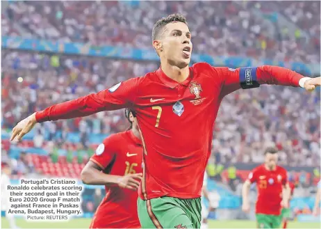  ?? Picture: REUTERS ?? Portugal’s Cristiano Ronaldo celebrates scoring their second goal in their Euro 2020 Group F match against France in Puskas Arena, Budapest, Hungary.