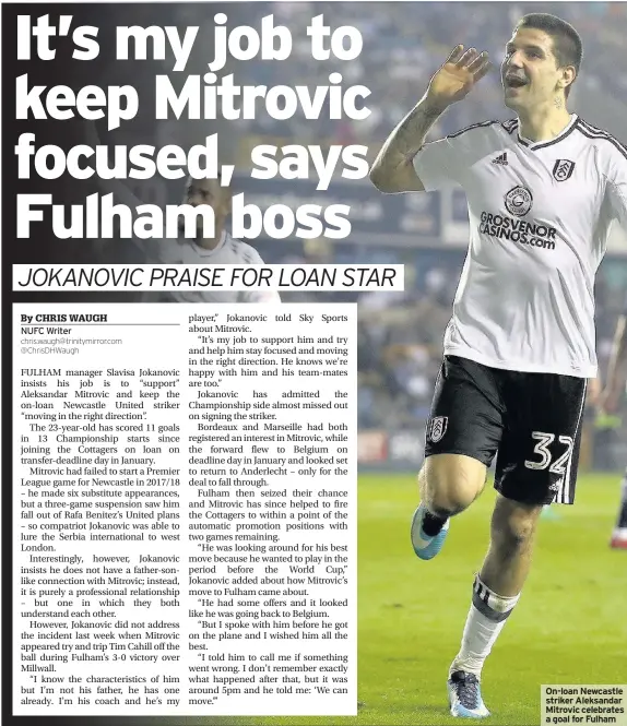  ??  ?? NUFC Writer On-loan Newcastle striker Aleksandar Mitrovic celebrates a goal for Fulham