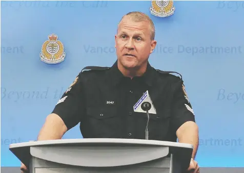  ?? — NICK PROCAYLO/POSTMEDIA ?? Vancouver police Sgt. Aaron Roed says the commercial break-in situation in Vancouver has improved in recent weeks. Even so, police efforts to “target property-crime offenders will continue,” he said Wednesday.