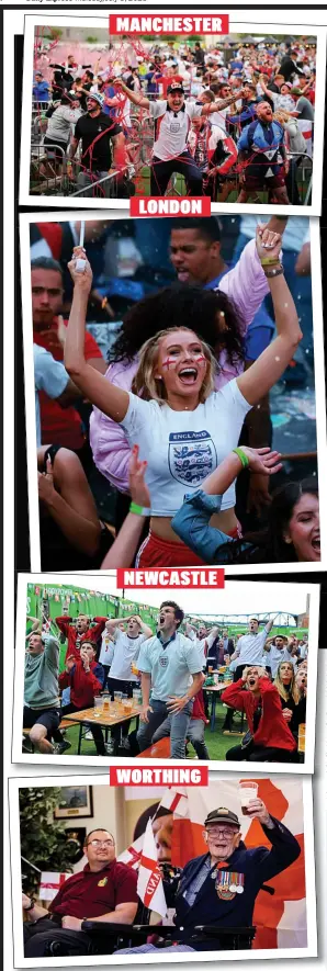  ??  ?? Beer we go...England fans of all ages celebrate across the country as the Three Lions booked their place in Sunday’s final against Italy