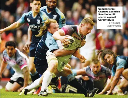  ?? PICTURES: Getty Images ?? Coming force: Ospreys openside Sam Underhill scores against Cardiff Blues