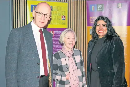  ??  ?? John Swinney, Elaine Cameron of Perth and Kinross Violence Against Women Partnershi­p and Jasvinder Sanghera at Perth Theatre. One of Jasvinder’s sisters was forced to marry at the age of 15 and committed suicide seven years later.