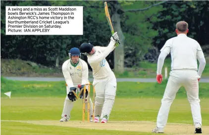  ??  ?? A swing and a miss as Scott Maddison bowls Berwick’s James Thompson in Ashington RCC’s home victory in the Northumber­land Cricket League’s Premier Division on Saturday. Picture: IAN APPLEBY